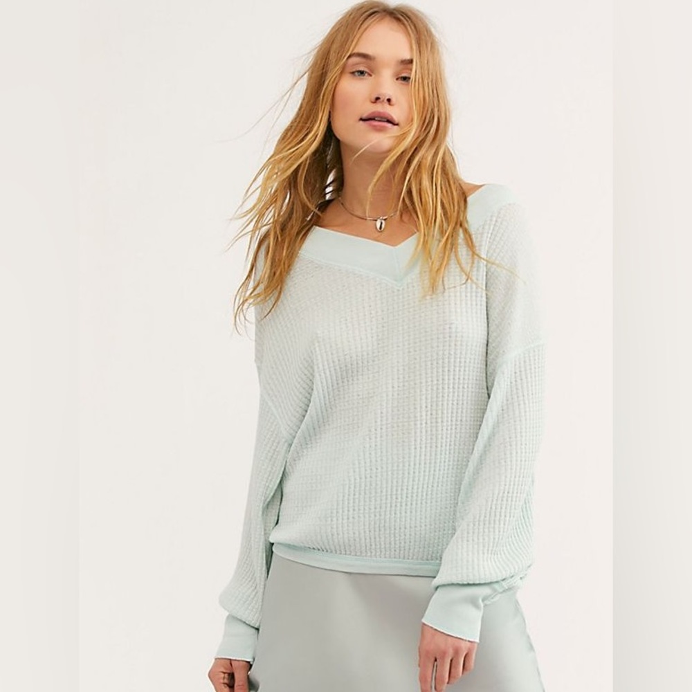 Free People Top Thermal Shirt South Side Thermal Top Size Small Mint Green